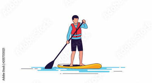A person paddles a board on water wearing a life vest