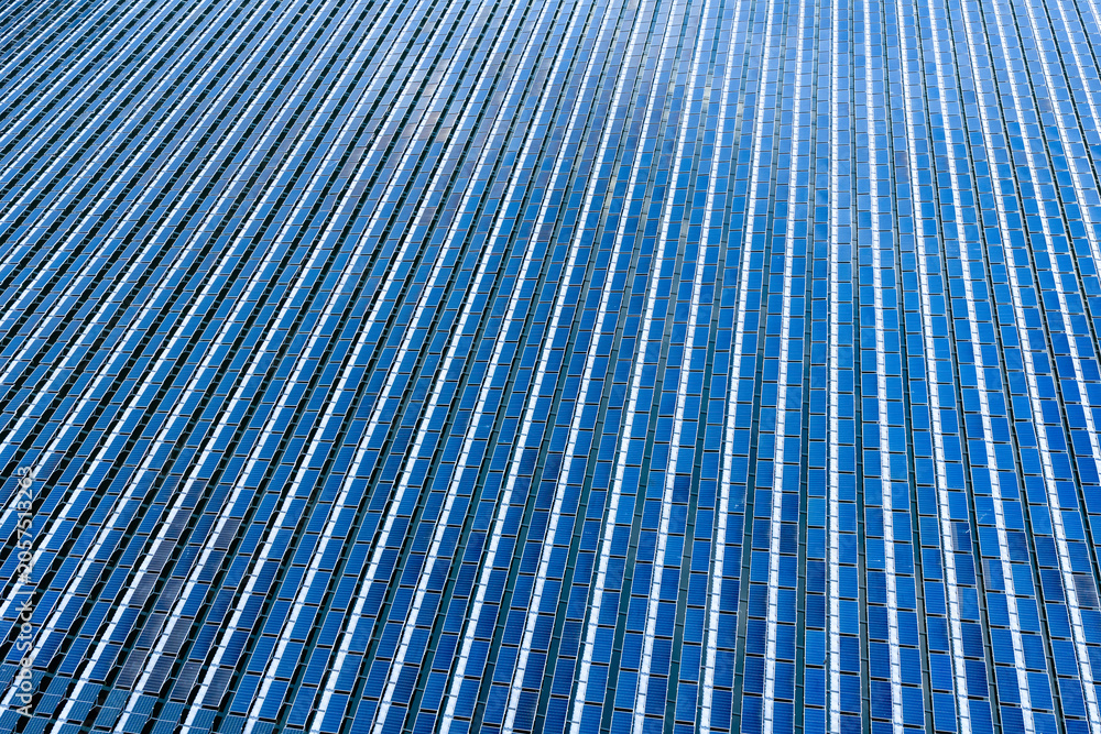 Fototapeta premium Large Floating Solar Farm on Inland Lake, Aerial View