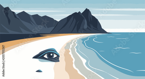Stylized eye watches over a serene ocean beach with towering mountains in the background