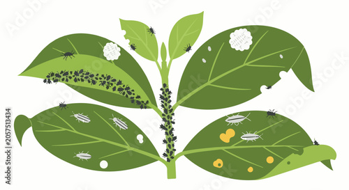 Tiny pests infest a vibrant green plant, chewing leaves and clustering on stems
