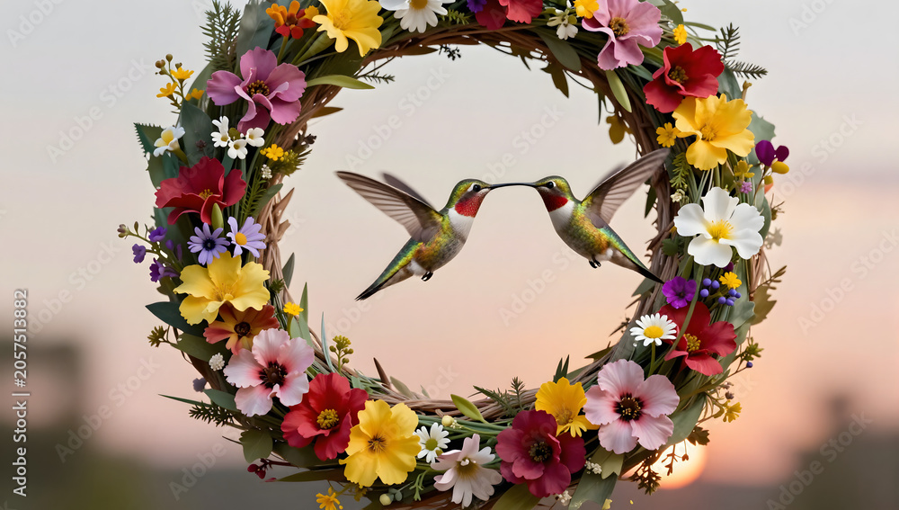 Obraz premium Two Hummingbirds Kissing in a Wreath of Flowers