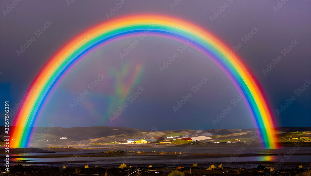 Naklejka premium Vibrant Rainbow Over Landscape: A breathtaking full rainbow arcs across a twilight sky, casting its colorful glow over a distant town and tranquil water body.