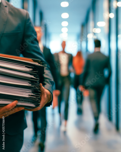 Business Professional Carrying Document Folders in Busy Office Corridor