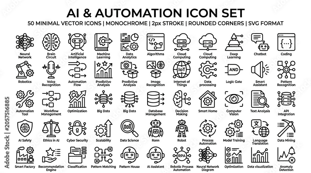 Obraz premium AI and Automation Icon Set 50 Monochrome Vector Icons for Digital Innovation and Technology