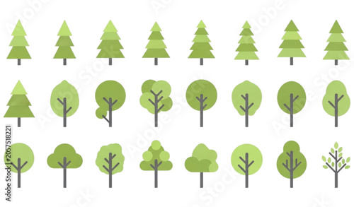 Obraz na plátně Variety of flat design trees and evergreen conifers vector collection