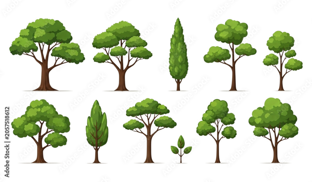 Fototapeta premium Collection of cartoon trees with various shapes and sizes