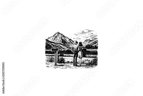 Vintage vector sketch of a couple looking at mountain landscape. Engraving style digital illustration of a man and woman at a viewpoint with a wooden sign, isolated on white background.