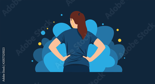 Woman with her back to the viewer stands with hands on her hips while surrounded by abstract blue and yellow shapes in space.
