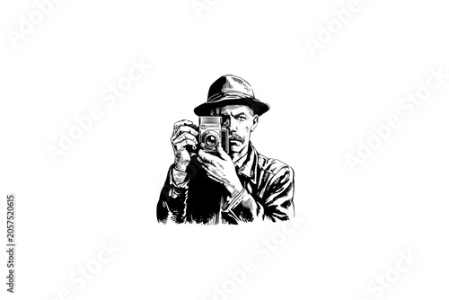 Vintage vector sketch of a male photographer taking a picture. Engraving style digital illustration of a man with mustache and hat holding a retro camera, isolated on white background.