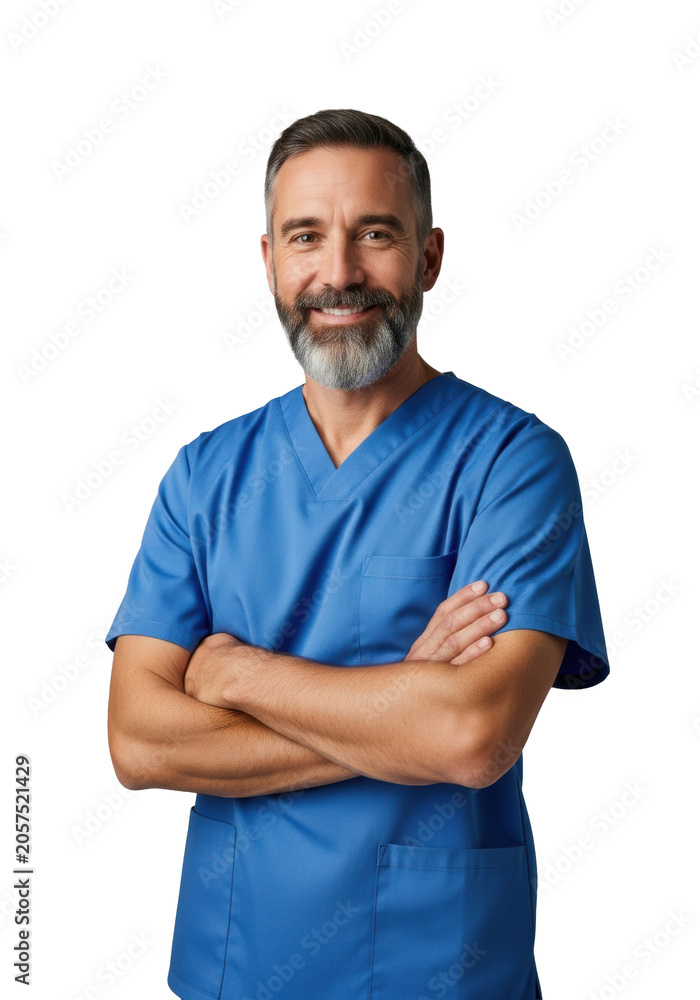 Obraz premium A confident male doctor with salt and pepper beard wearing cobalt blue scrubs posing with folded arms against a gray background. Concept of healthcare excellence