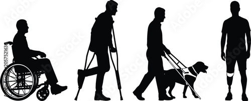 Set of Disabled and Mobility Aid Silhouettes Wheelchair Crutches Guide Dog and Prosthetic Leg Inclusive Accessibility Concept