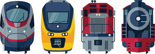 Photos Train front view flat vector set featuring modern high speed bullet train, electric commuter subway, vintage diesel locomotive, and antique classic steam engine