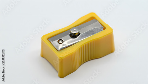 Yellow Pencil Sharpener: A simple yet effective yellow pencil sharpener with a metallic blade, ready to sharpen pencils for creativity and learning.