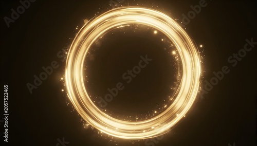 Golden Ring of Light: A radiant golden ring glows against a dark backdrop, encircled by a cascade of sparkling particles, creating an ethereal and magical effect.