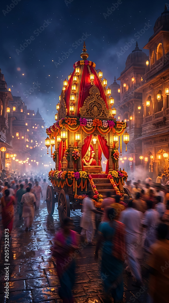 Fototapeta premium Beautiful illuminated chariot surrounded by devoted crowd during the holy ratha yatra festival celebrating the spiritual tradition of the traditional jagannath ratha yatra puja ceremony
