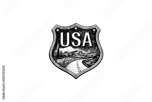 Vintage vector sketch of a USA highway shield emblem. Engraving style digital illustration of an American road trip sign with highway and mountains, isolated on white background.