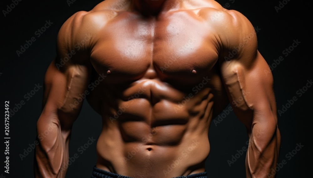 Obraz premium Muscular man poses in studio highlighting defined abs and chest. Athletic male bodybuilder shows powerful physique after intense gym workout. Fitness model perfect shape.