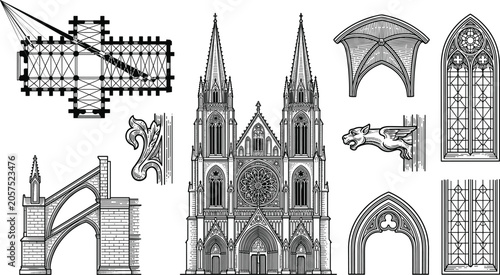 Foto Gothic cathedral architecture line art vector set featuring church facade, flying buttress, floor blueprint plan, gargoyle statue, stained glass window, and ribbed vault
