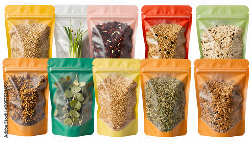 Assorted spice packets: A vibrant collection of resealable packets filled with various spices, herbs, and dried ingredients, displayed in a rainbow of colors against a clean background.
