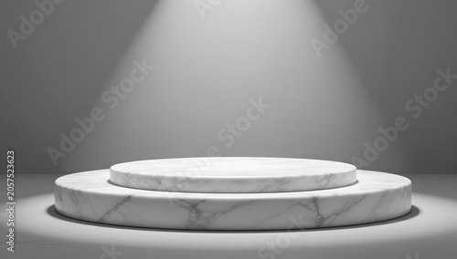 Podium of Success: A circular marble podium stands ready under a dramatic spotlight, inviting triumph and recognition.