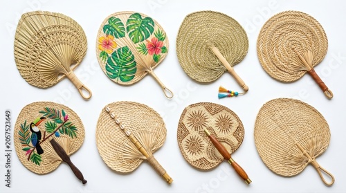 Collection of traditional woven hand fans with various designs on white background