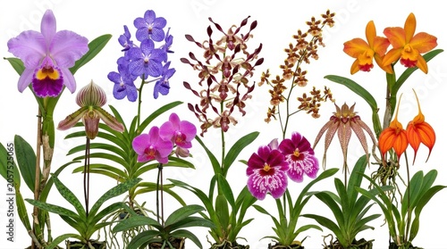 A vibrant collection of various orchid plants with colorful flowers isolated on white background