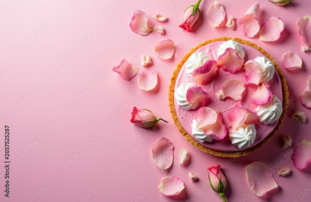 Obraz premium Pretty pink tart with white cream swirls and fresh rose petals. Sweet baked dessert decorated with flower elements. Delicious pastry for celebration, tea time, or special occasion.