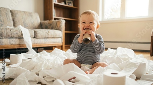 A cute toddler laughing while playing with toilet paper rolls on the living room floor at home now.