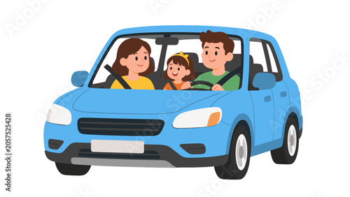 Bild auf Leinwand Happy family riding together in a blue car illustration