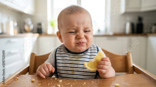 A cute infant sitting in a wooden high chair makes a funny sour face while tasting a fresh lemon.
