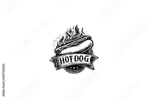 Vintage vector sketch of a classic hot dog with fire and ribbon banner. Engraving style digital illustration of a retro fast food emblem with hotdog lettering, isolated on white background.