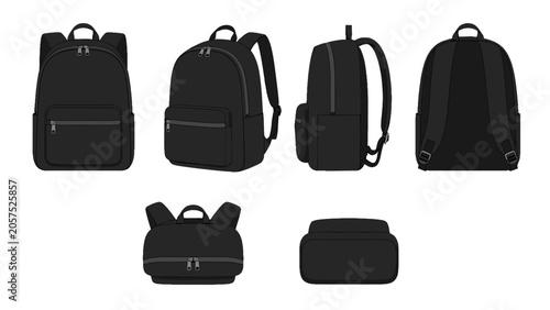 Vászonkép Black backpack shown from multiple angles in vector style