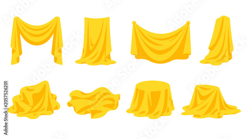 Schilderij op canvas Set of yellow draped cloth and fabric covers in flat vector style