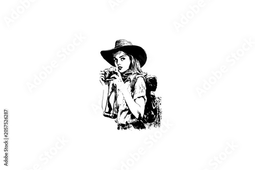 Vintage vector sketch of a female photographer with a backpack. Engraving style digital illustration of a young woman traveler taking photos with a retro camera, isolated on white background.