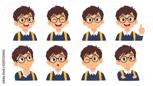 Canvastavla Cartoon schoolboy character set with different facial expressions