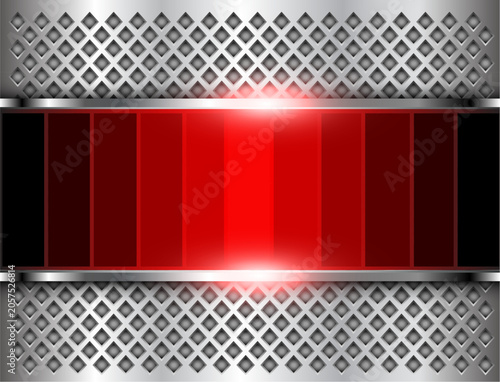 Silver red shiny background, illuminated metal banner with perforated texture...