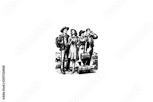 Vintage vector sketch of a group of retro travelers. Engraving style digital illustration of men and women with suitcases and backpacks on a road trip, isolated on white background.