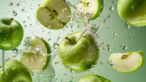 Juicy Apple Slices and Whole Fruits in Refreshing Splash