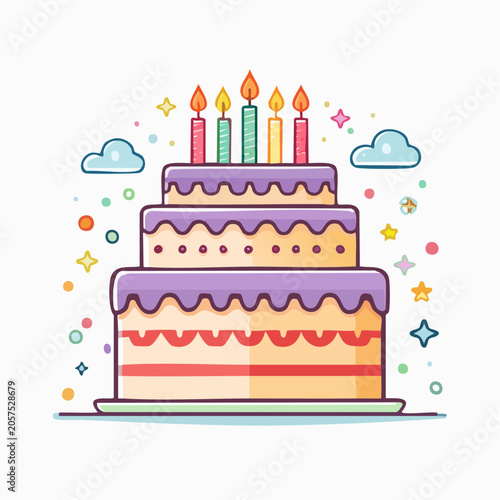Three Tier Birthday Cake with Candles and Confetti