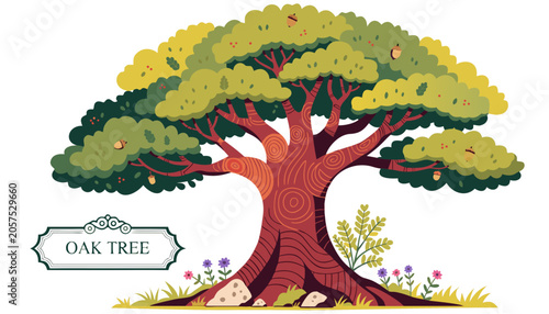 Very beautiful OAK TREE with a massive trunk, lush green canopy, detailed bark textures, natural landscape accents, and a decorative botanical label reading 