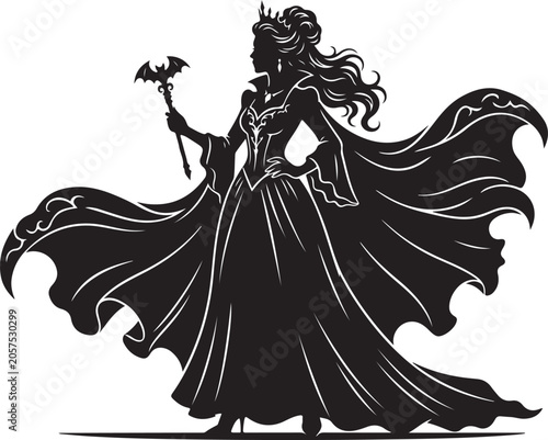 Konstfotografi Dark Queen Silhouette with Bat Scepter and Flowing Cape