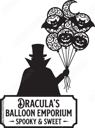 Foto Dracula Holding Spooky Halloween Balloons with Emporium Sign