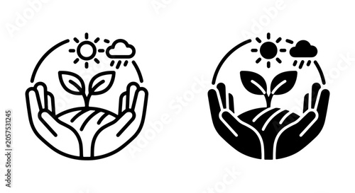 Bild auf Leinwand Eco-friendly growth icons, hands nurturing plant, sun and rain, environmental ca