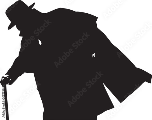 Tableau sur toile Mysterious Figure in Hat and Coat with Walking Stick Silhouette