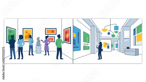 Fotografie Diverse group of people observing and appreciating various artworks in a modern art gallery