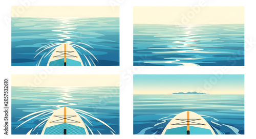 Voyage of Discovery: A captivating quartet of stylized illustrations depicts the journey across a calm, sun-drenched ocean. The perspective is from the bow of a vessel.