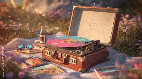 Vintage Pink Vinyl Turntable Picnic In Summer Meadow
