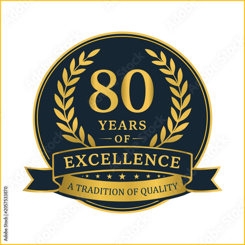 Golden 50 years of excellence anniversary celebration badge with laurel wreath and ribbon vector illustration.