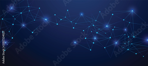Abstract digital network background with glowing connected nodes and bright lines on a dark blue gradient illustrating data communication, technology flow, and futuristic connectivity.