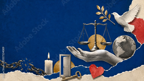Symbolic Editorial Collage of Justice Compassion and Global Harmony with Earth and Peace Dove